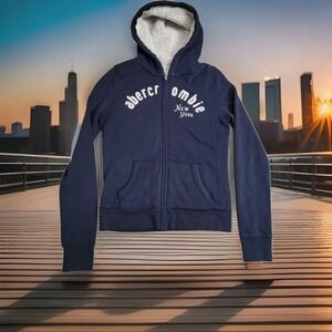 🐑Vintage Abercrombie Hoodie Kids L Navy Sherpa Lined Spell Out New York Y2K